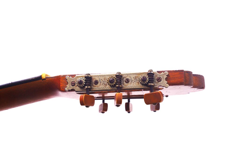 Primo piano laterale dei pioli di accordatura e della paletta della chitarra classica Salvador Ibanez 1900, isolato su sfondo bianco.