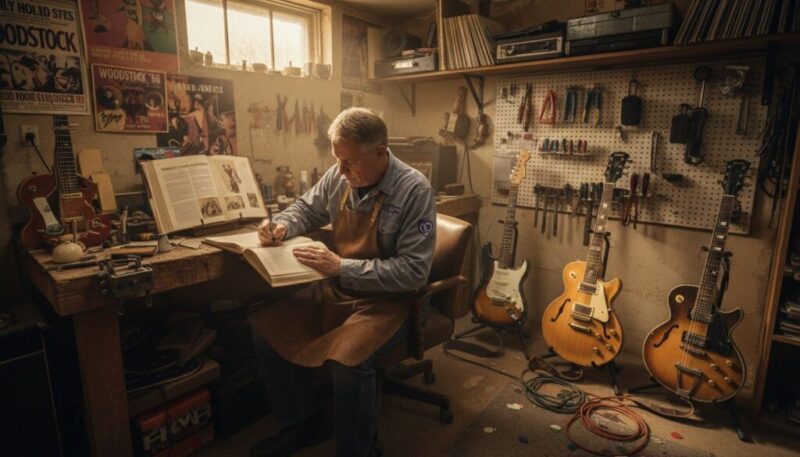 Ein Mann in einer Schürze schreibt in einem Notizbuch an einer unordentlichen Werkbank in einer gemütlichen, sonnendurchfluteten Werkstatt, die mit E-Gitarren, Werkzeugen und Musikpostern gefüllt ist. Um ihn herum liegen aufgerollte Kabel und Gitarrenkoffer auf dem Boden.