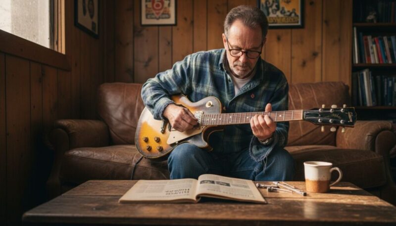 Ein Mann mittleren Alters mit Brille spielt eine E-Gitarre, während er auf einer braunen Couch in einem gemütlichen, holzgetäfelten Raum sitzt. Vor ihm auf dem Tisch liegen ein aufgeschlagenes Buch und ein Kaffeebecher.