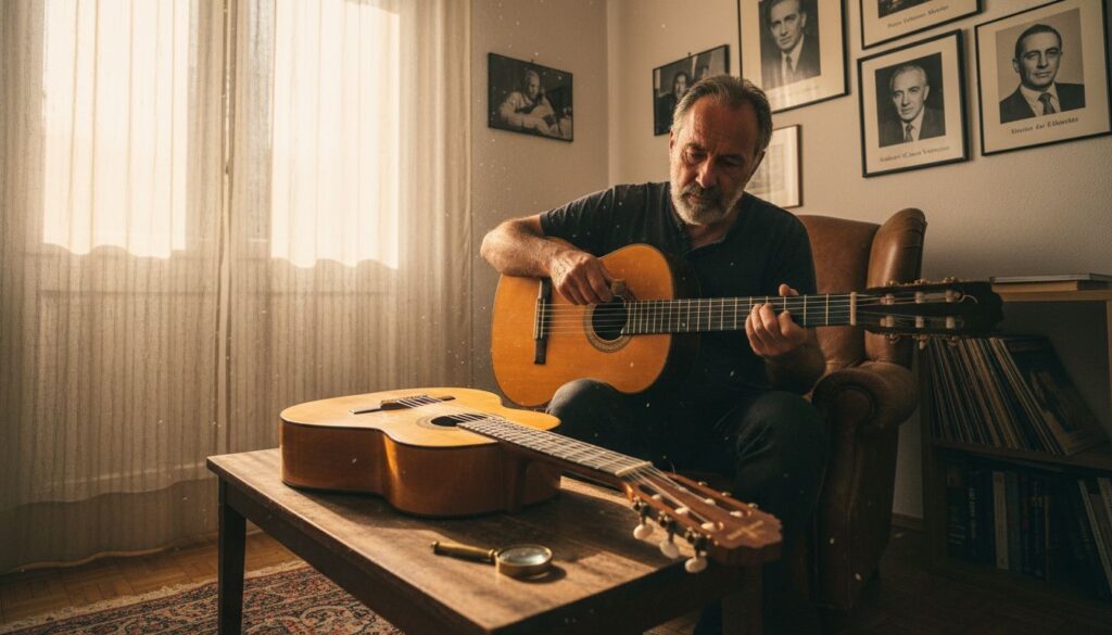 Ein Mann sitzt in einem Sessel und spielt eine klassische Gitarre in einem gemütlichen Raum. Eine weitere Gitarre liegt auf einem Holztisch vor ihm. Das Sonnenlicht scheint durch die durchsichtigen Vorhänge, und gerahmte Porträts zieren die Wand hinter ihm.