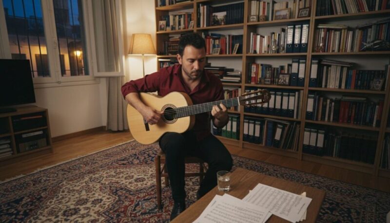 Ein Mann in einem roten Hemd sitzt auf einem Stuhl in einem gemütlichen, mit Büchern gefüllten Raum und spielt klassische Gitarre. Eine Flamenco-Gitarre spielen lernen leitfaden liegt neben Notenblättern und Wasser auf dem Tisch, während eine Lampe die Szene sanft beleuchtet.