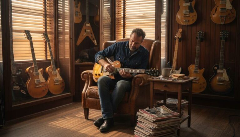 Ein Mann sitzt in einem Ledersessel und spielt eine E-Gitarre, umgeben von Gitarren, die an den Wänden ausgestellt sind. Ein kleiner Tisch mit Kaffee und Zeitschriften steht neben ihm. Das Sonnenlicht fällt durch die hölzernen Jalousien ein.