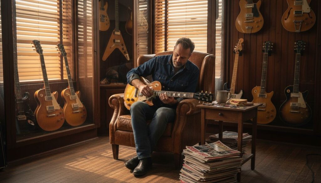 Ein Mann sitzt in einem Ledersessel und spielt eine E-Gitarre, umgeben von Gitarren, die an den Wänden ausgestellt sind. Ein kleiner Tisch mit Kaffee und Zeitschriften steht neben ihm. Das Sonnenlicht fällt durch die hölzernen Jalousien ein.