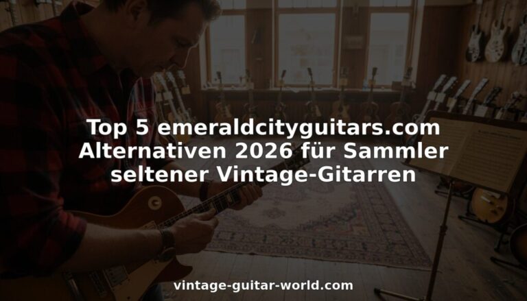 Ein Mann spielt eine E-Gitarre in einem Raum voller Vintage-Gitarren. Der überlagerte Text lautet: Top 5 emeraldcityguitars.com Alternativen 2026 für Sammler seltener Vintage-Gitarren. vintage-guitar-world.com.