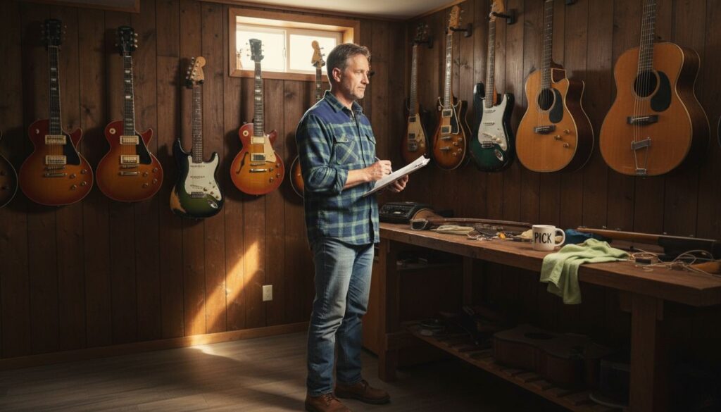 Ein Mann im karierten Hemd steht in einem holzgetäfelten Raum mit elektrischen und akustischen Gitarren, hält einen Notizblock und einen Bleistift in der Hand und wirkt nachdenklich neben einer Werkbank mit Werkzeugen, Gitarrenzubehör und Notizen darüber, was Gitarren zu Sammlerstücken macht.