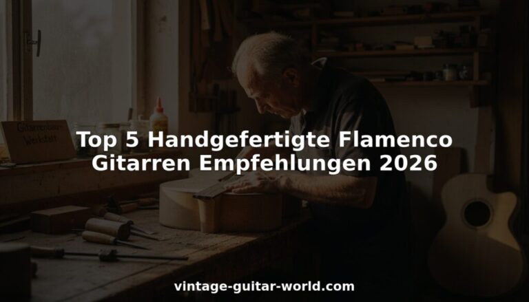 Ein älterer Mann arbeitet in einer Werkstatt an einer Holzgitarre. Der Text über dem Bild lautet: Top 5 Handgefertigte Flamenco Gitarren Empfehlungen 2026. vintage-guitar-world.com.