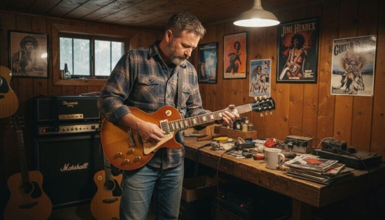 Ein Mann im Flanellhemd spielt eine E-Gitarre in einem holzgetäfelten Raum, der mit Musikpostern, Verstärkern und einer Werkbank voller Werkzeuge, Zeitschriften und einer Kaffeetasse vollgestellt ist.