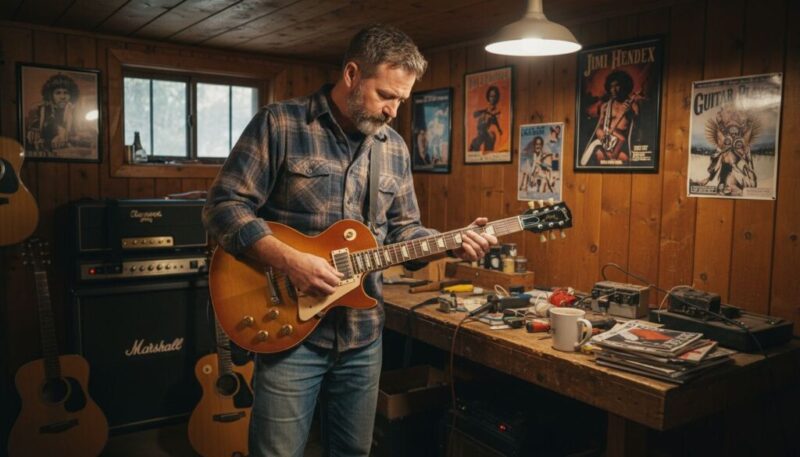 Ein Mann im Flanellhemd spielt eine E-Gitarre in einem holzgetäfelten Raum, der mit Musikpostern, Verstärkern und einer Werkbank voller Werkzeuge, Zeitschriften und einer Kaffeetasse vollgestellt ist.