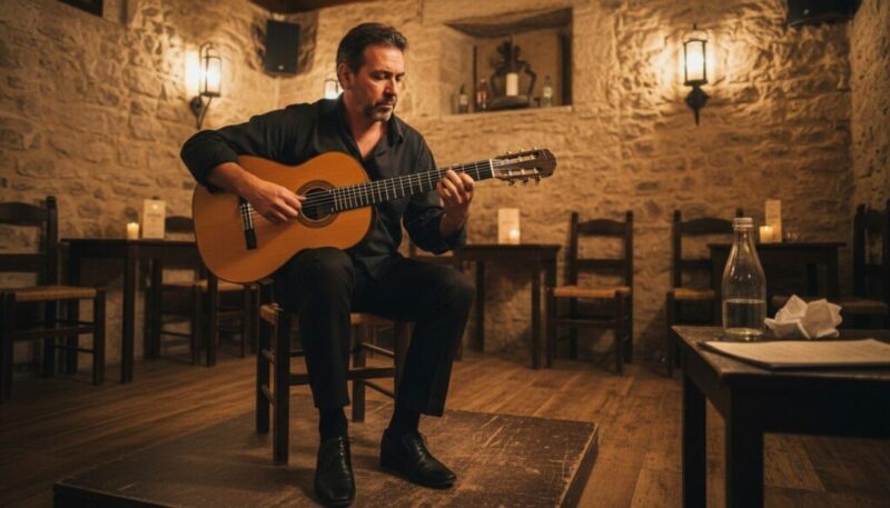 Ein Mann in schwarzer Kleidung spielt eine klassische Gitarre auf einer kleinen Bühne in einem gemütlichen, schwach beleuchteten Raum, der an die Geschichte der Flamenco-Gitarre erinnert, umgeben von Steinwänden, Holzstühlen und Kerzen, die eine intime Atmosphäre schaffen.