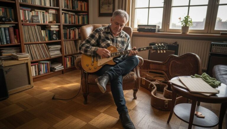 Ein Mann sitzt in einem gemütlichen, sonnendurchfluteten Raum voller Bücher und Schallplatten und spielt auf einem Sessel eine elektrische Gitarre. Ein offener Gitarrenkoffer und ein Verstärker stehen in der Nähe und schaffen eine entspannte, kreative Atmosphäre.