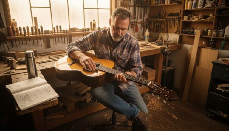 Ein Mann in einem karierten Hemd sitzt in einer Holzwerkstatt und spielt auf einer Akustikgitarre. Er ist umgeben von Werkzeugen, Holzspänen und einem Notizbuch auf einer vollgestopften Werkbank an einem sonnendurchfluteten Fenster.