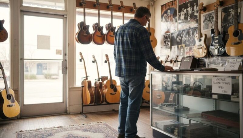 Ein Mann in einem karierten Hemd steht am Tresen eines Gitarrenladens, umgeben von Akustikgitarren an den Wänden und Postern. Das Sonnenlicht fällt durch große Fenster und erhellt den gemütlichen, im Vintage-Stil eingerichteten Raum.