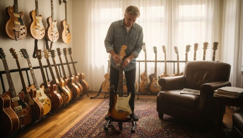 Ein Mann reinigt eine E-Gitarre in einem Raum voller Gitarren, die auf Ständern und an Wänden ausgestellt sind. Er steht auf einem gemusterten Teppich in der Nähe eines braunen Sessels, während hinter ihm das Sonnenlicht durch die transparenten Vorhänge fällt.