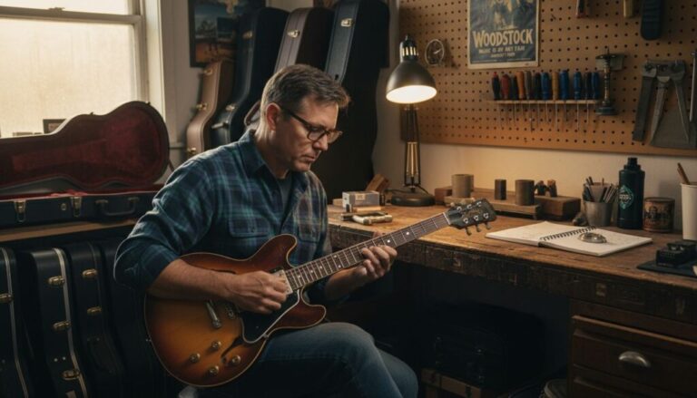 Ein Mann mit Brille und kariertem Hemd spielt in einer gemütlichen Werkstatt eine E-Gitarre. Gitarrenkoffer, Werkzeuge und Musikposter schmücken den Raum. Durch ein Fenster neben ihm fällt Tageslicht ein.