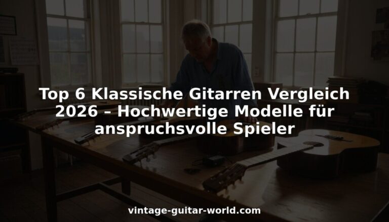 Eine Person sitzt an einem Tisch mit mehreren klassischen Gitarren, die von großen Fenstern beleuchtet werden. Der überlagerte Text lautet: Top 6 Klassische Gitarren Vergleich 2026 - Hochwertige Modelle für anspruchsvolle Spieler.