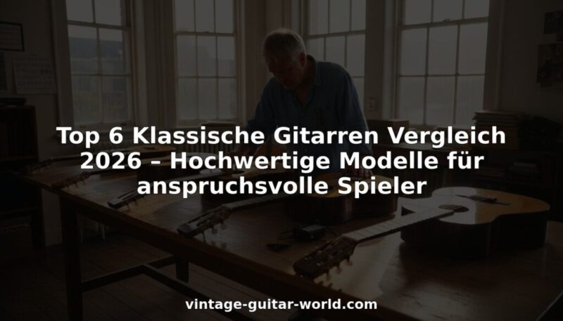 Eine Person sitzt an einem Tisch mit mehreren klassischen Gitarren, die von großen Fenstern beleuchtet werden. Der überlagerte Text lautet: Top 6 Klassische Gitarren Vergleich 2026 - Hochwertige Modelle für anspruchsvolle Spieler.
