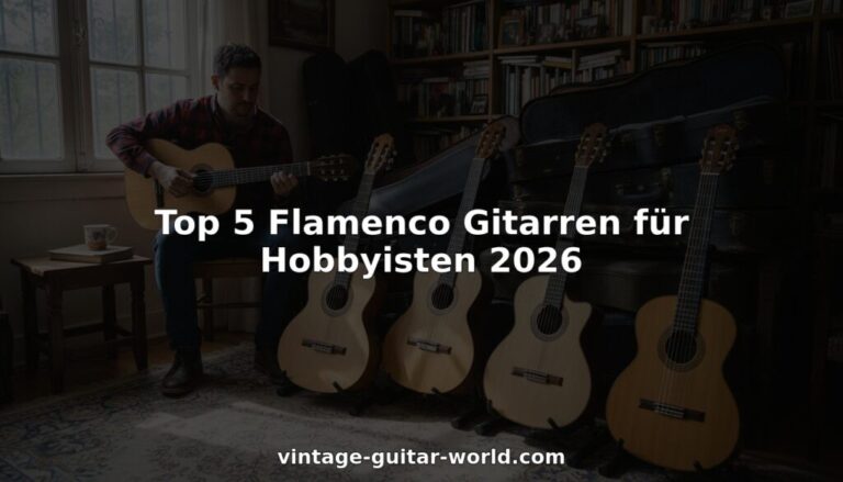 Ein Mann spielt eine Gitarre in einem gemütlichen Raum, in dem vier Flamenco-Gitarren auf Ständern ausgestellt sind. Der Text lautet: "Top 5 Flamenco Gitarren für Hobbyisten 2026". Bildnachweis: vintage-guitar-world.com.