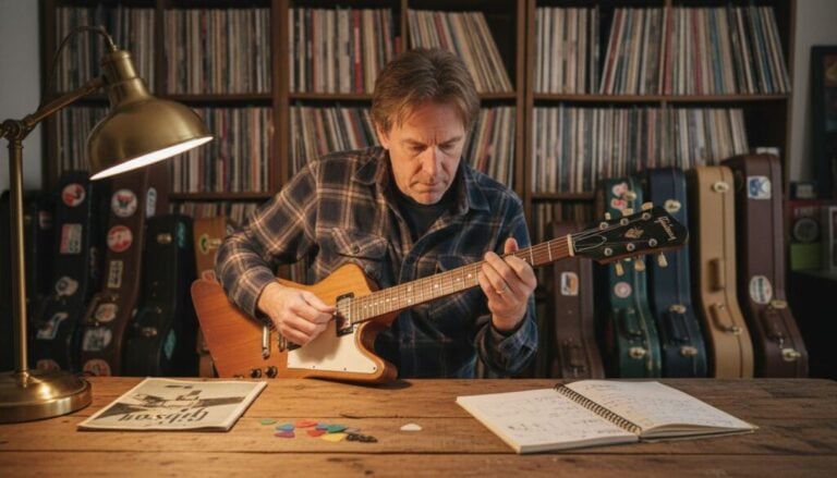 Ein Mann in einem karierten Hemd spielt eine E-Gitarre an einem hölzernen Schreibtisch, umgeben von Notenblättern, Gitarrenplektren und Zeitschriften. Im Hintergrund sind Regale mit Schallplatten und Gitarrenkoffern zu sehen.