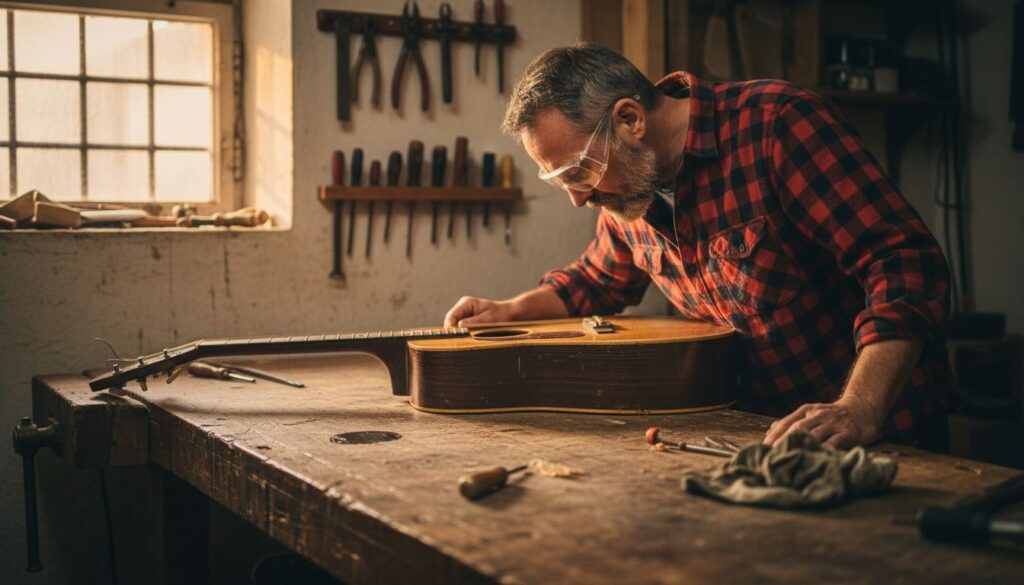 Ein Mann mit Schutzbrille und rotkariertem Hemd arbeitet in einer Werkstatt sorgfältig an einer Akustikgitarre, umgeben von Holzbearbeitungswerkzeugen und natürlichem Licht aus einem Fenster.