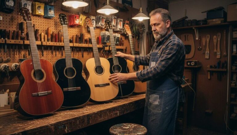 Ein Mann in einer Schürze arrangiert Akustikgitarren auf einer Werkbank in einer gemütlichen, gut beleuchteten Holzwerkstatt, während hinter ihm Werkzeuge und Gitarrenteile an den Wänden hängen.