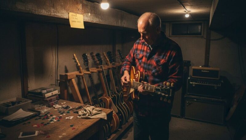 Ein Mann in einem karierten Hemd spielt eine E-Gitarre in einem schwach beleuchteten Raum, in dem mehrere Gitarren auf Ständern stehen, Gitarrenplektren auf einer Werkbank und Verstärker im Hintergrund.