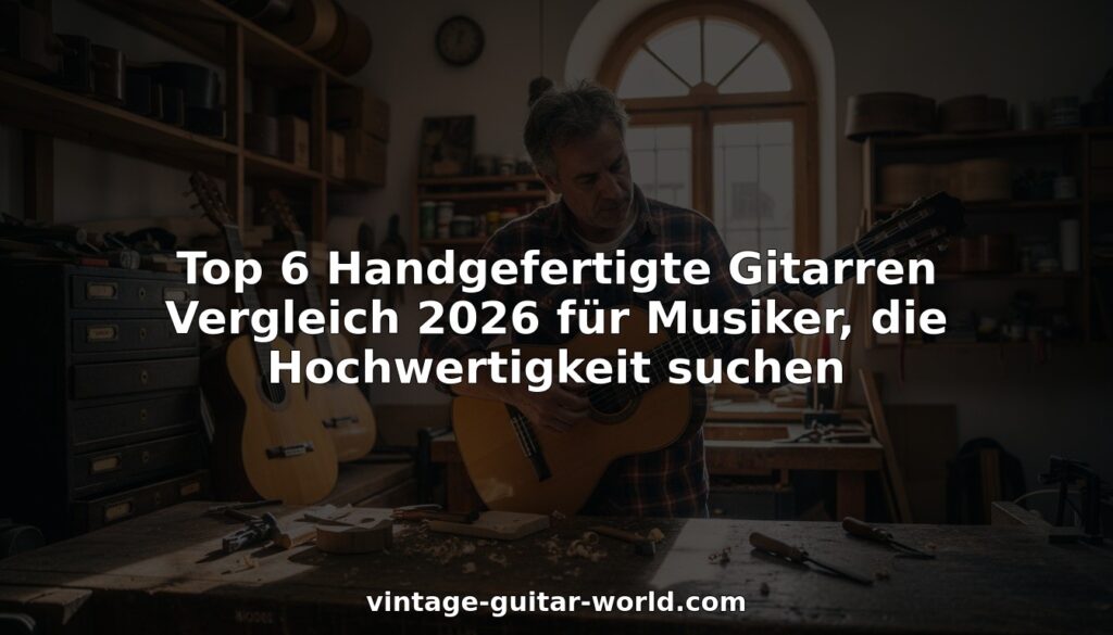 Ein Mann begutachtet eine handgefertigte Gitarre in einer gemütlichen Werkstatt, umgeben von anderen Gitarren. Der eingeblendete Text auf Deutsch lautet: Top 6 Handgefertigte Gitarren Vergleich 2026 für Musiker, die Hochwertigkeit suchen.