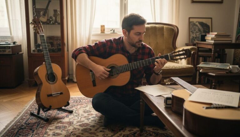 Ein Mann sitzt im Schneidersitz auf einem Teppich in einem gemütlichen, sonnendurchfluteten Raum und spielt eine akustische Gitarre. Auf einem Tisch in der Nähe sind Notenblätter ausgebreitet, und eine weitere Gitarre steht in einem Ständer neben ihm. Der Raum ist mit Bücherregalen und alten Möbeln ausgestattet.