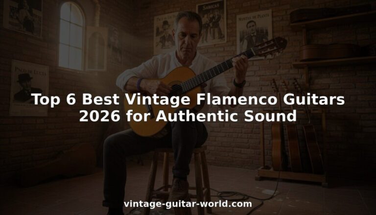 Ein Mann spielt eine Flamenco-Gitarre in einem gemütlichen, rustikalen Raum mit Backsteinwänden, Musikpostern und mehreren Gitarren im Hintergrund. Der Text lautet: "Top 6 Best Vintage Flamenco Guitars 2026 for Authentic Sound".