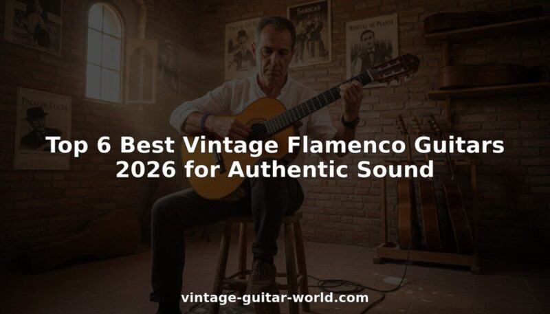 Ein Mann spielt eine Flamenco-Gitarre in einem gemütlichen, rustikalen Raum mit Backsteinwänden, Musikpostern und mehreren Gitarren im Hintergrund. Der Text lautet: "Top 6 Best Vintage Flamenco Guitars 2026 for Authentic Sound".