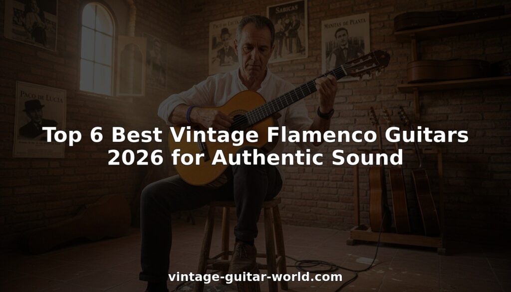 Ein Mann spielt eine Flamenco-Gitarre in einem gemütlichen, rustikalen Raum mit Backsteinwänden, Musikpostern und mehreren Gitarren im Hintergrund. Der Text lautet: "Top 6 Best Vintage Flamenco Guitars 2026 for Authentic Sound".