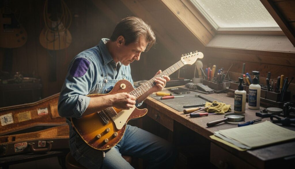 Ein Mann in einem Jeanshemd sitzt an einer Werkbank am Fenster und spielt auf einer E-Gitarre. Umgeben von Werkzeugen und Notizen scheint er sich auf die Reparatur von Gitarren zu konzentrieren - vielleicht denkt er sogar darüber nach, wie er Sammlergitarren im Rahmen seiner Arbeit bewerten kann.