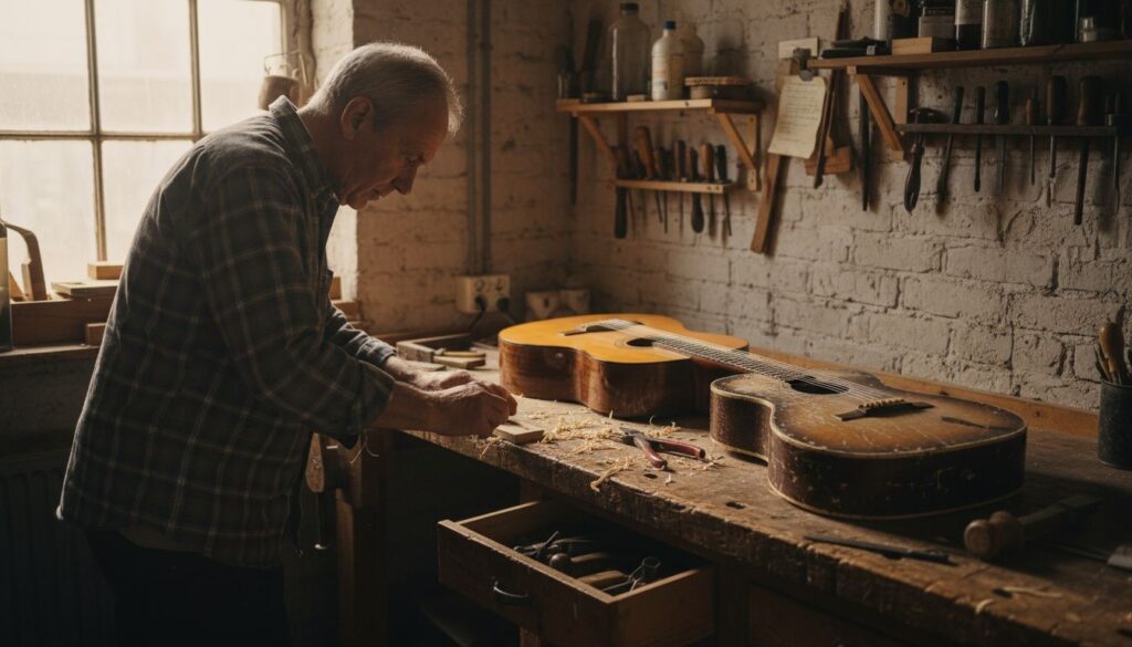 Ein älterer Mann arbeitet an einer Gitarre in einer Werkstatt voller Holzbearbeitungswerkzeuge und Sonnenlicht, wobei der Unterschied zwischen klassischer und Vintage-Gitarre in einer warmen und konzentrierten Atmosphäre hervorgehoben wird.