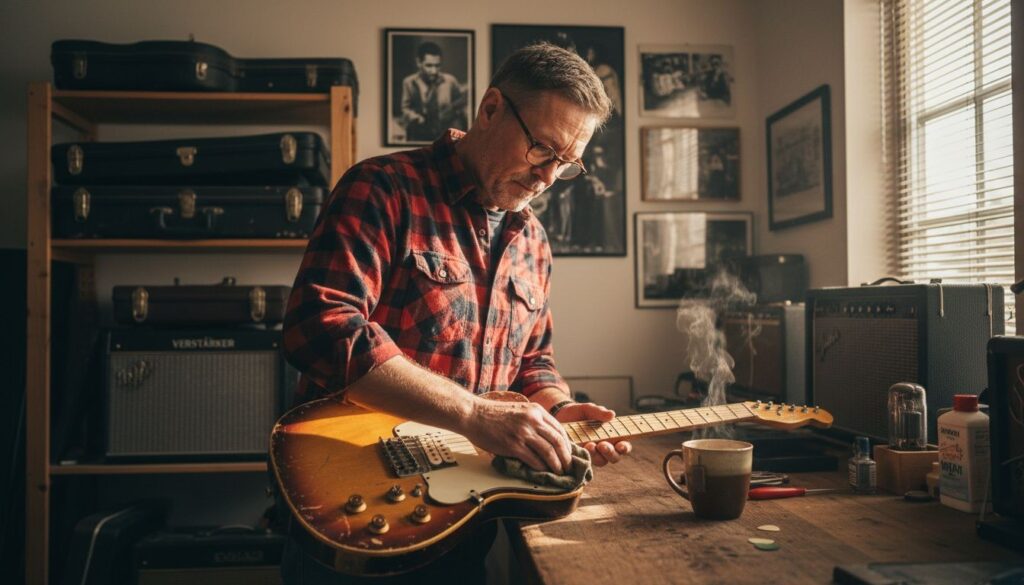 Ein Mann in einem karierten Hemd säubert eine E-Gitarre an einem hölzernen Schreibtisch in einem gemütlichen Raum mit Musikgeräten, gerahmten Fotos und Sonnenlicht, das durch ein Fenster fällt. Ein dampfender Becher steht daneben.