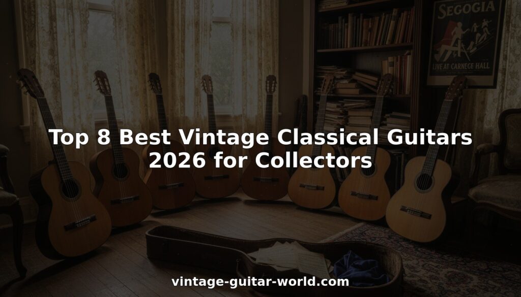 Acht klassische Gitarren stehen in einem gemütlichen Raum im Vintage-Stil mit Bücherregalen und Sonnenlicht, das durch die Vorhänge fällt. Der Text lautet: Top 8 der besten Vintage-Klassikgitarren 2026 für Sammler.