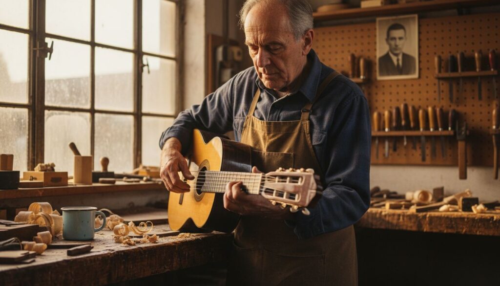 Ein älterer Mann in einer Schürze spielt eine klassische Gitarre in einer Holzwerkstatt, umgeben von Holzbearbeitungswerkzeugen und Spänen. Das Sonnenlicht fällt durch ein Fenster, und an der Wand hinter ihm hängt ein Schwarz-Weiß-Porträt.