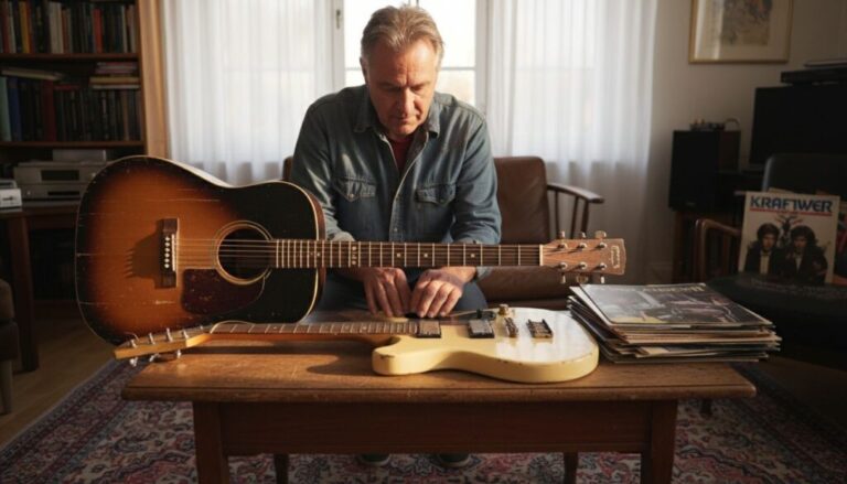 Ein Mann im Jeanshemd sitzt an einem Holztisch in einem gemütlichen Raum und prüft eine akustische und eine elektrische Gitarre. Auf dem Tisch neben ihm stapeln sich mehrere Schallplatten, darunter eine von Kraftwerk.