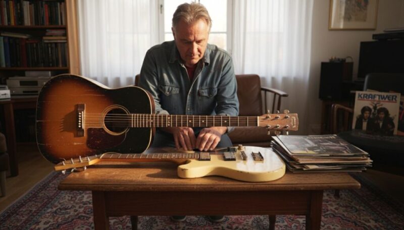 Ein Mann im Jeanshemd sitzt an einem Holztisch in einem gemütlichen Raum und prüft eine akustische und eine elektrische Gitarre. Auf dem Tisch neben ihm stapeln sich mehrere Schallplatten, darunter eine von Kraftwerk.