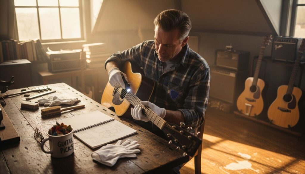 Guitar collector inspecting vintage acoustic guitar