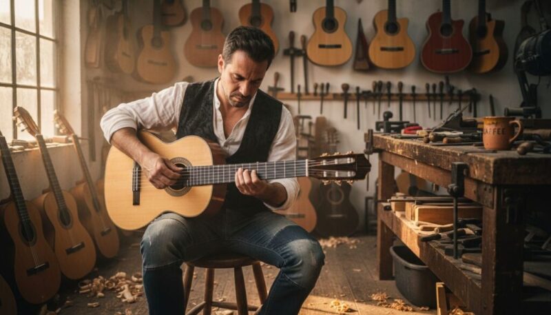 Ein Flamenco-Gitarrist stimmt seine maßgefertigte Gitarre in der Werkstatt ein.