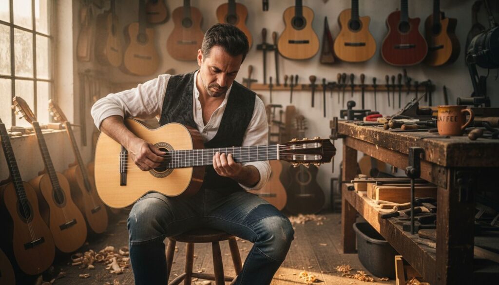 Ein Flamenco-Gitarrist stimmt seine maßgefertigte Gitarre in der Werkstatt ein.