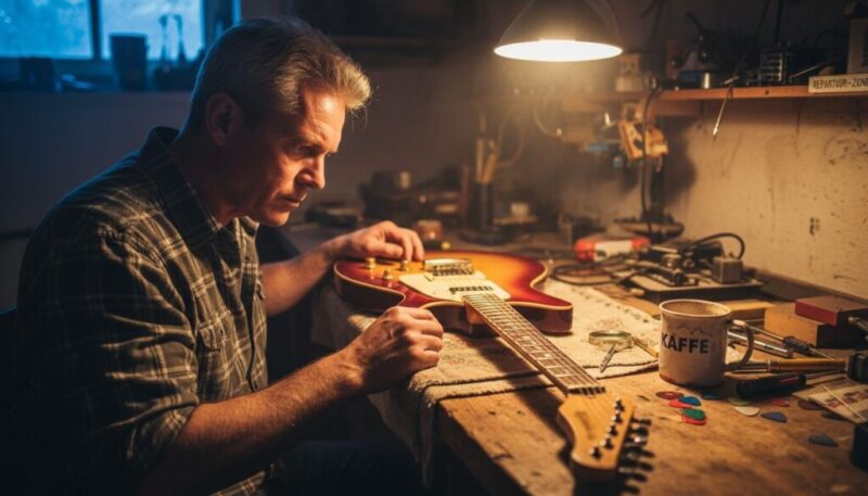Ein Mann begutachtet eine alte Gitarre in seiner Werkstatt.