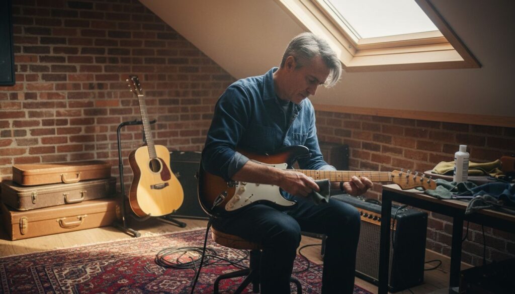 Guitar collector polishing vintage Stratocaster in attic studio