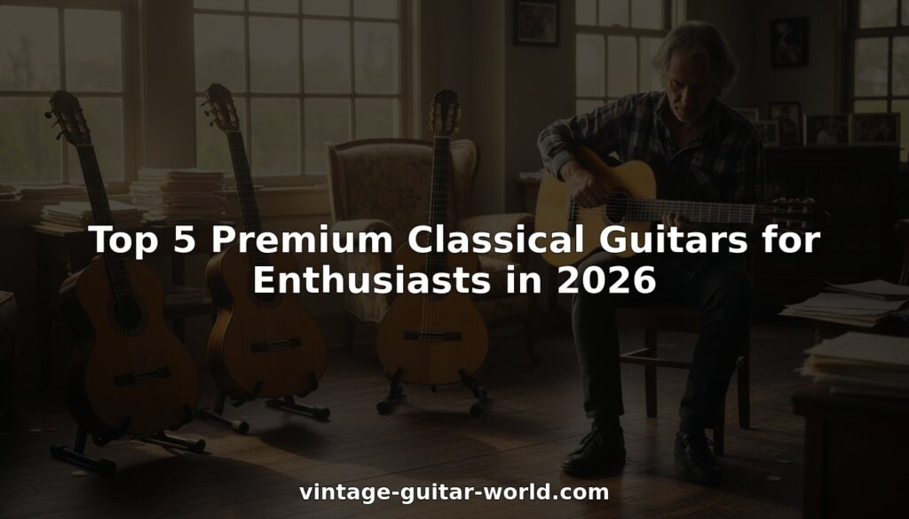Five premium classical guitars in sunlit music studio