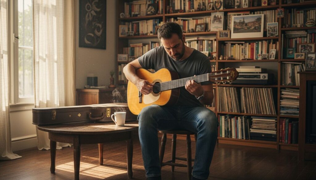 Ein Mann testet im Wohnzimmer eine Flamenco-Gitarre.