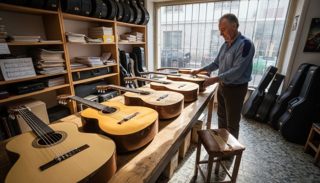 Seven flamenco guitars arranged on shop table