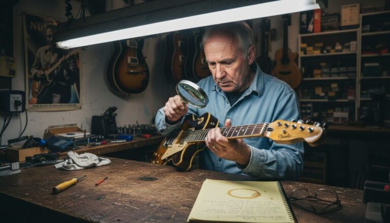Expert inspecting a rare vintage guitar closely