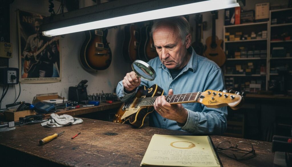 Expert inspecting a rare vintage guitar closely