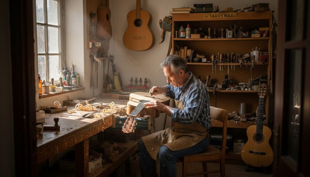 Ein Gitarrenbauer fertigt eine klassische Gitarre von Hand an.