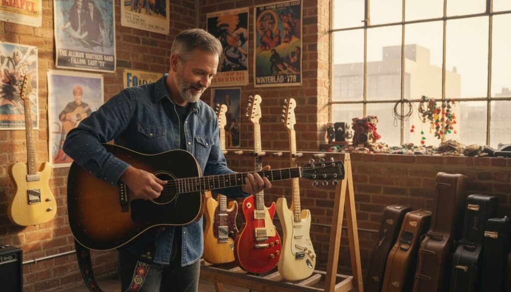 Collector arranging vintage guitars in sunlit music loft