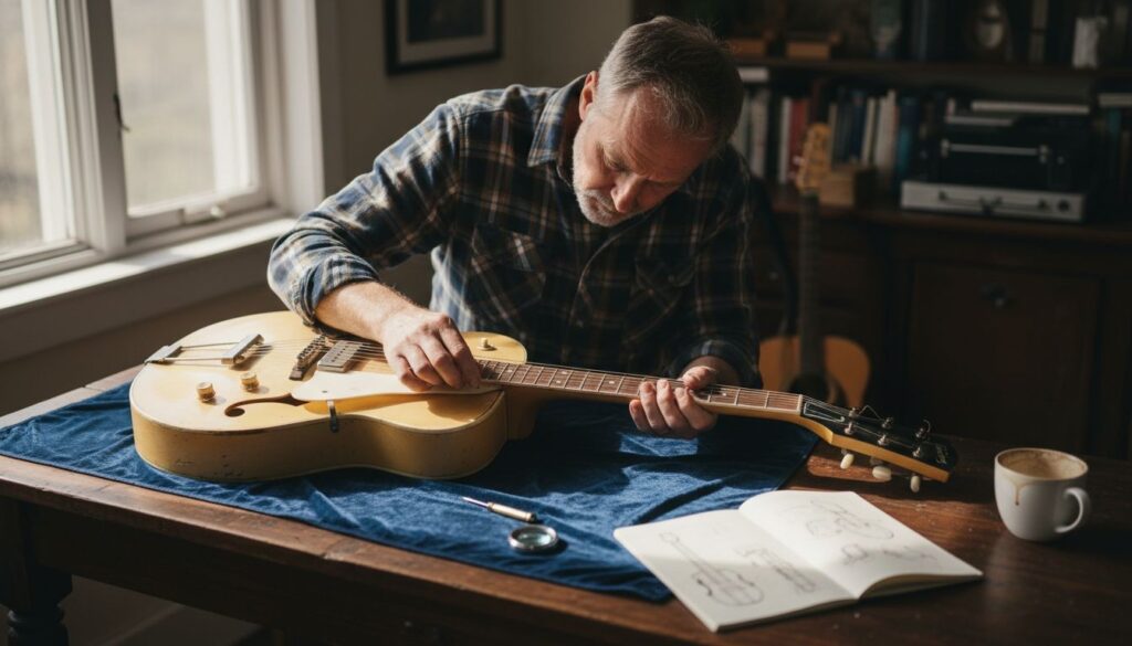 Ein Mann macht eine Vintage-Gitarre für den Testeinsatz bereit.